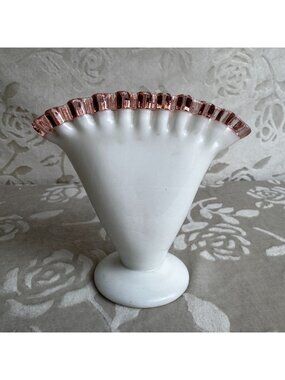 Fenton Milk Art Glass Pink Rose Crest Crimped Fan footed Vase Mid Century 1940's